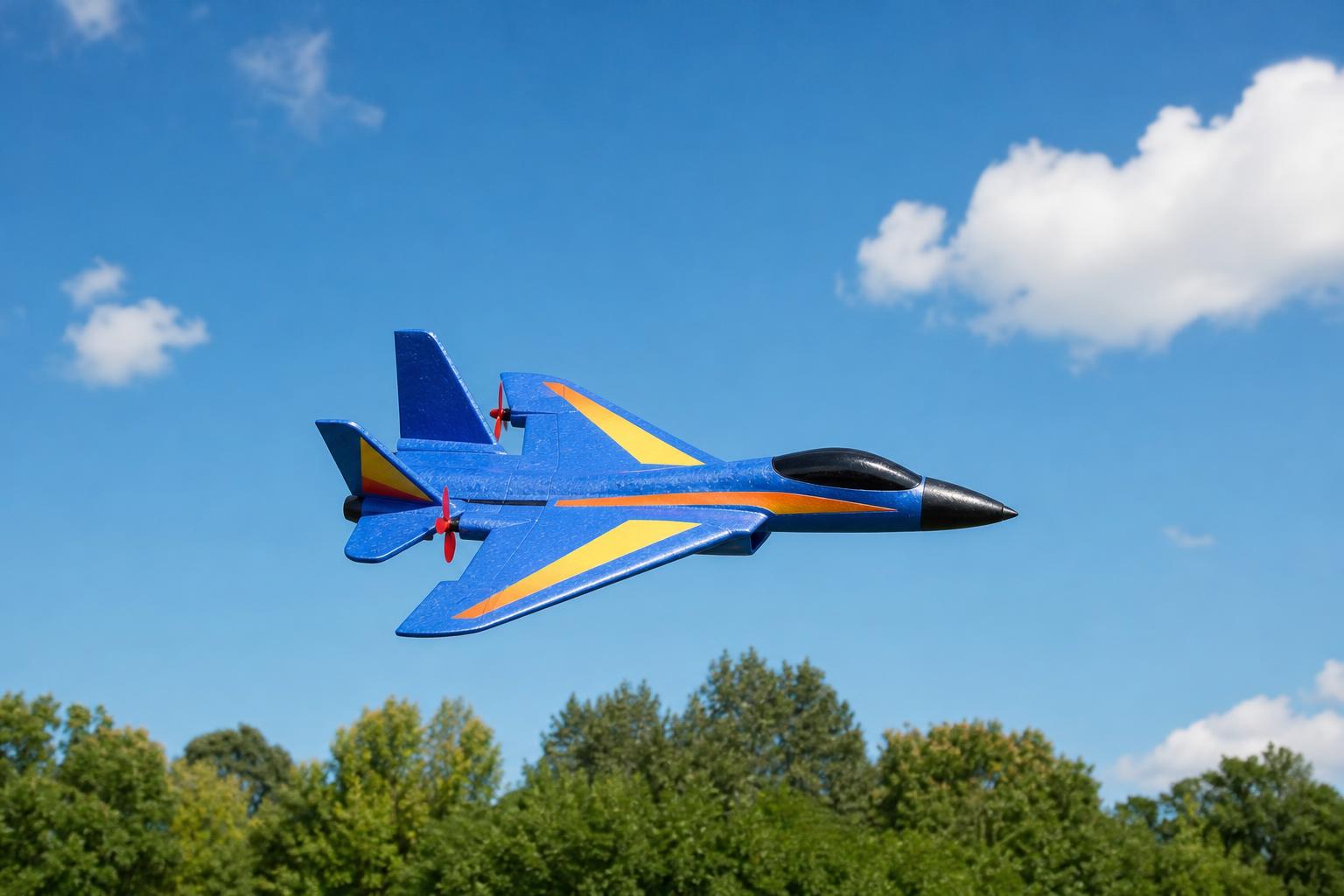 The plane flying by day over a park