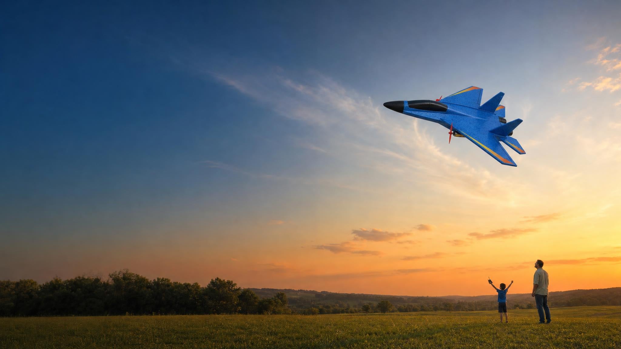 RC plane flying at sunset over a field