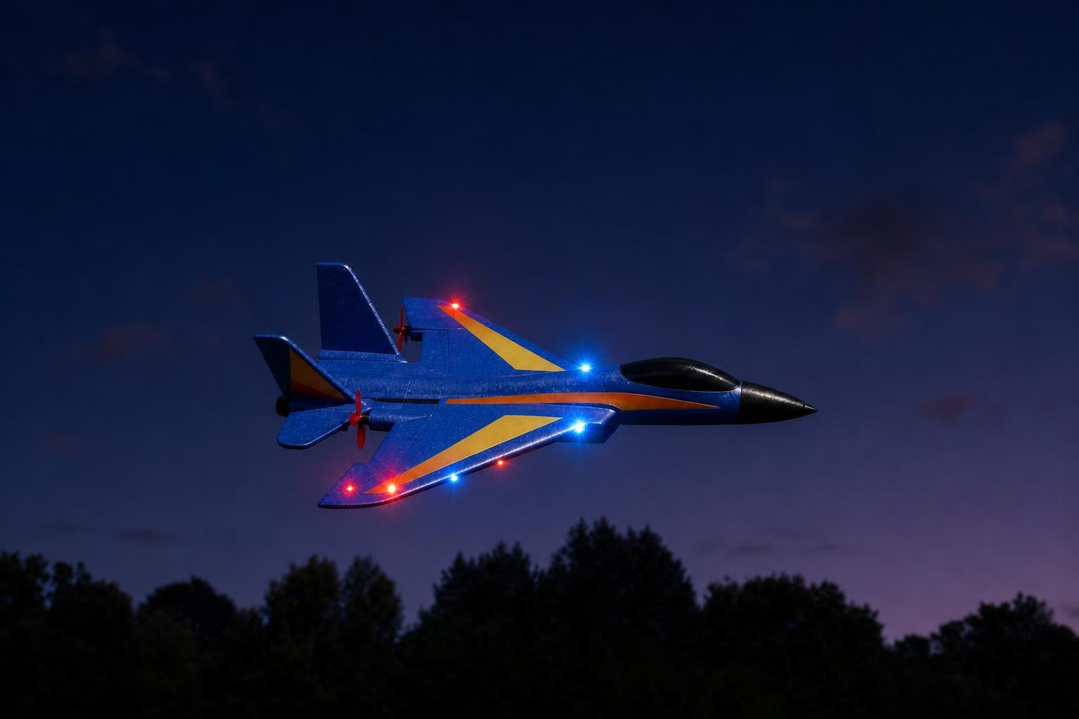 The plane flying at night with its LED lights on